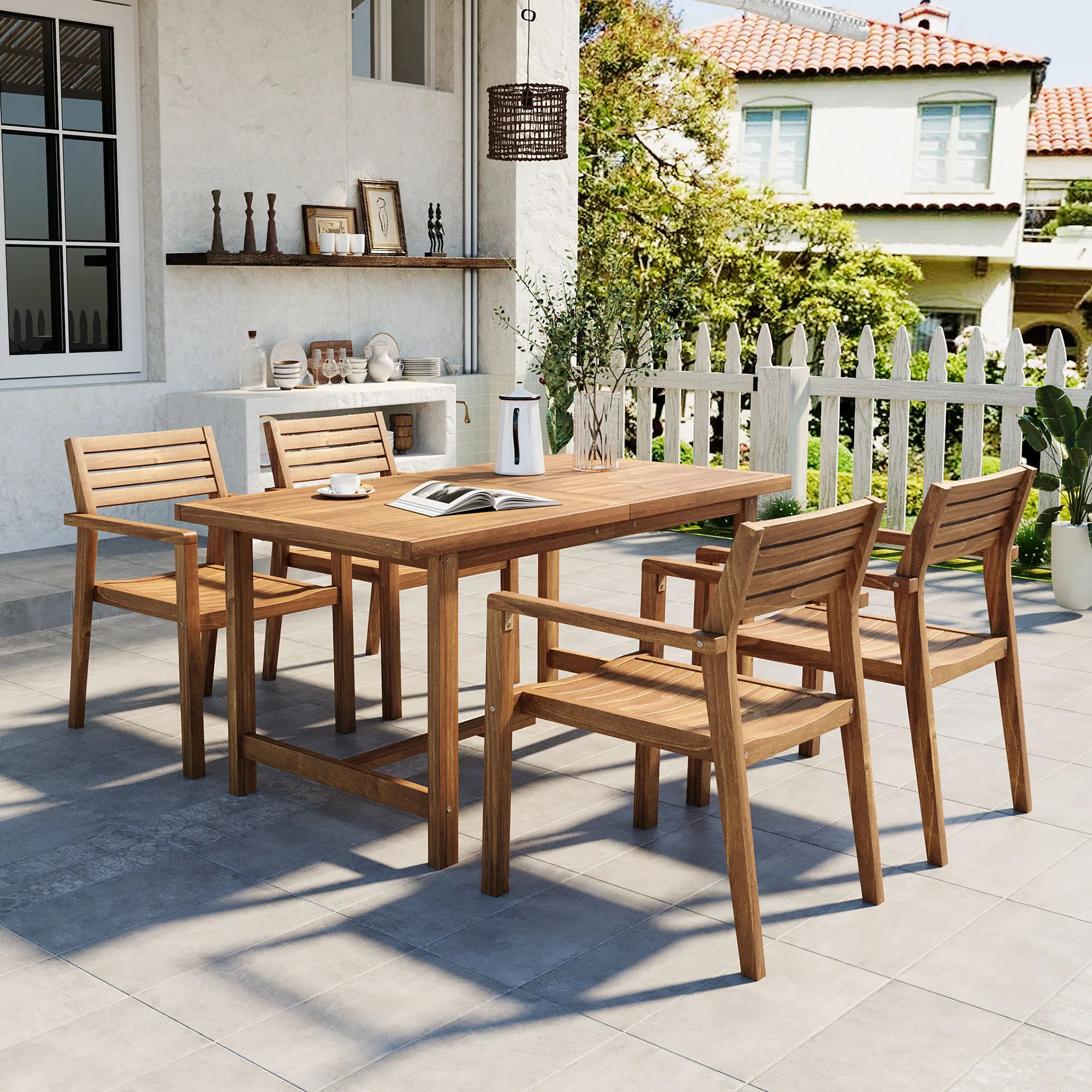 

# S U_STYLE Modern 5-Piece Eco-Friendly Outdoor Acacia Wood Dining Set 4.5x9.06-Inch Rectangular Table Umbrella Hole For Patio