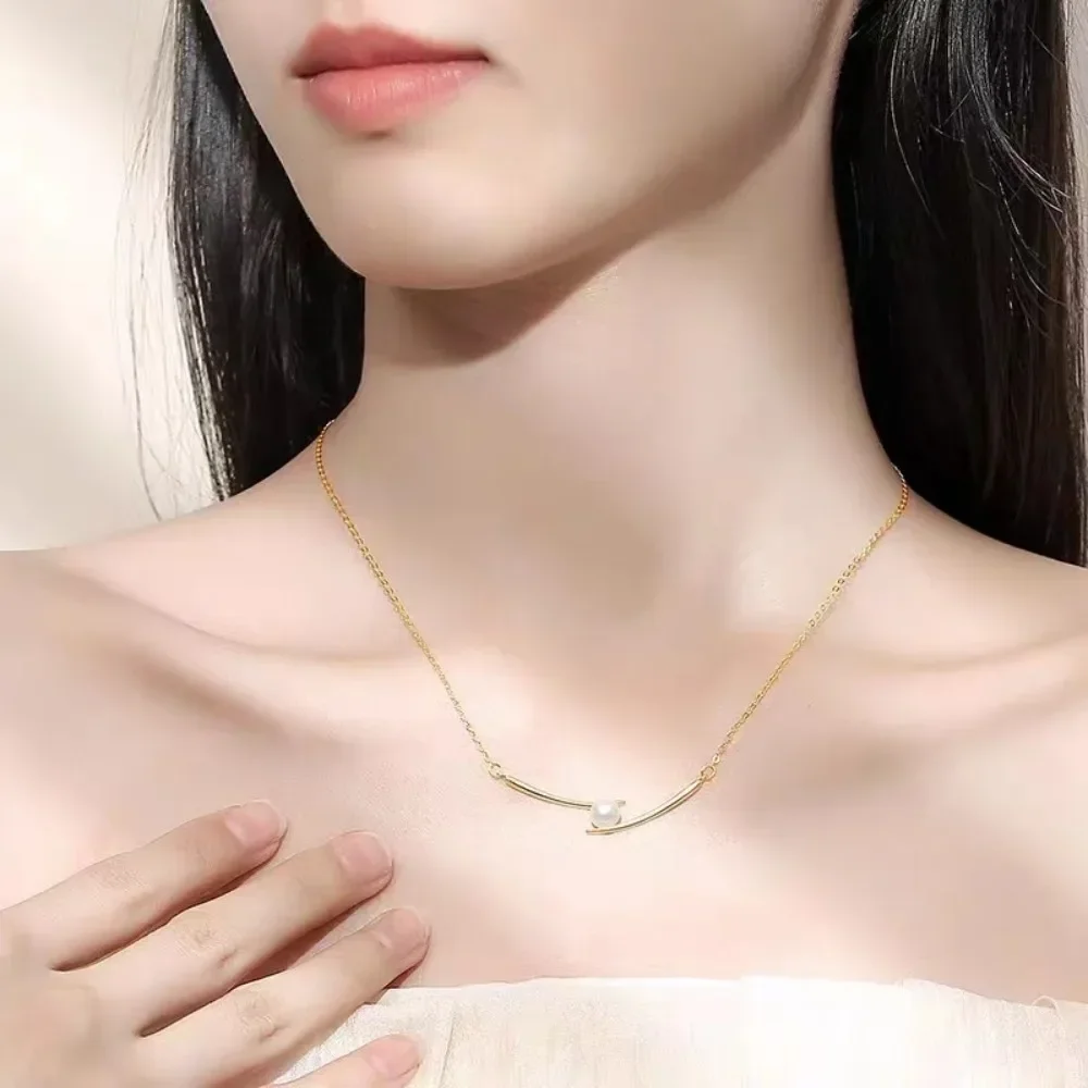 Original Design Stick Holder Pearl Pendant Necklace for Women Charm Trendy Stainless Steel Korea Collar Jewelry Colorfast Gift