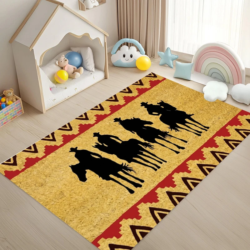 Western Cowboy Rug Native American Border  Doormat NonSlip Easy Clean Rustic Decor Carpet for Living Room Bedroom Pet Friendly