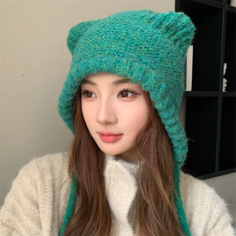 Young Women Winter Warm Knit Ear Protection Lanyard Hat Solid Thick Sweet Beanies With Cute Cat Bear Ears