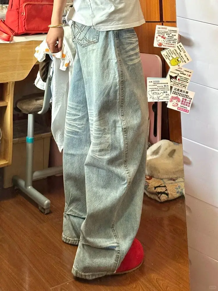 HOUZHOU Niebieskie Jeansy Damskie Y2k z Haftem, Prane, Niski Stan, Szerokie Nogawki, Amerykański Styl Vintage, Luźne Spodnie Denimowe, Spodnie Uliczne Harajuku