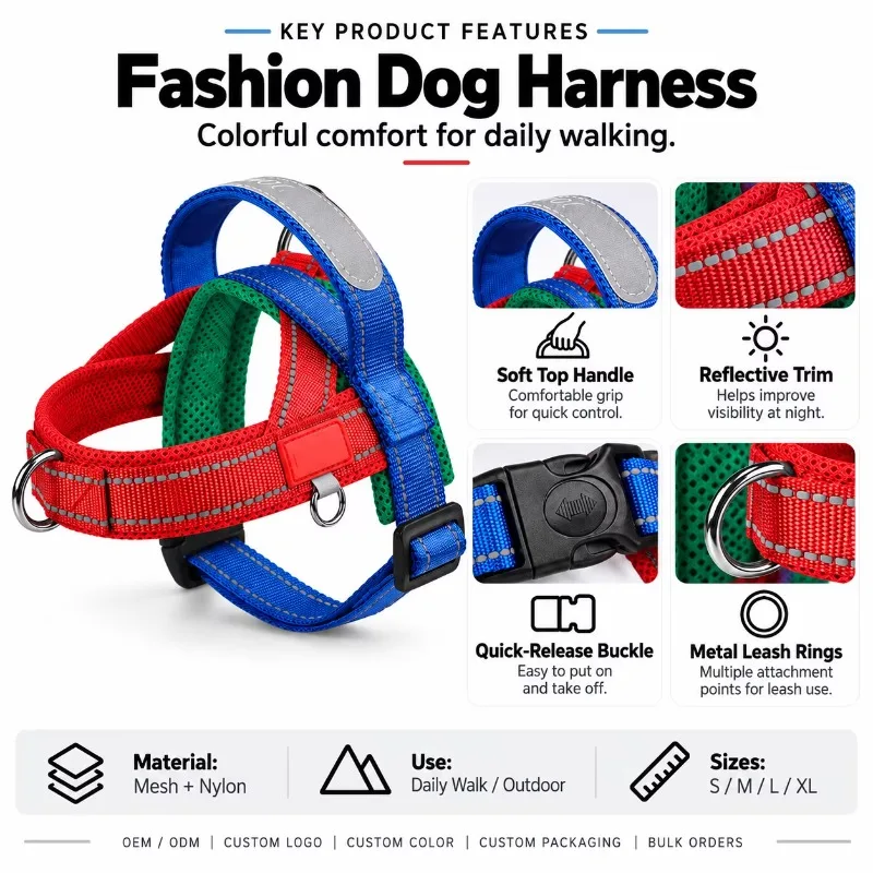 Dog Harness Mesh Nylon with Reflective Trim Soft Padded Edge and Metal Rings for Walking Use Small Dog Harness