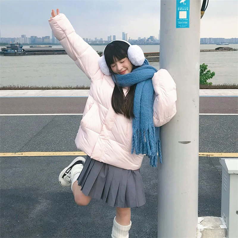 

2025 Fashion New Winter Light Color Short Down Jackets Woman Long Sleeve Hooded Thick Warm Female Casual Outwear Thick Parkas