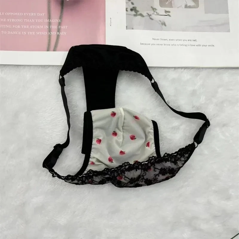 Man\'s Lace Design Cute Strawberry Mesh Sexy Briefs Live Show Dance Costumes Panties FKK Party BF Gift (100kg can wear)