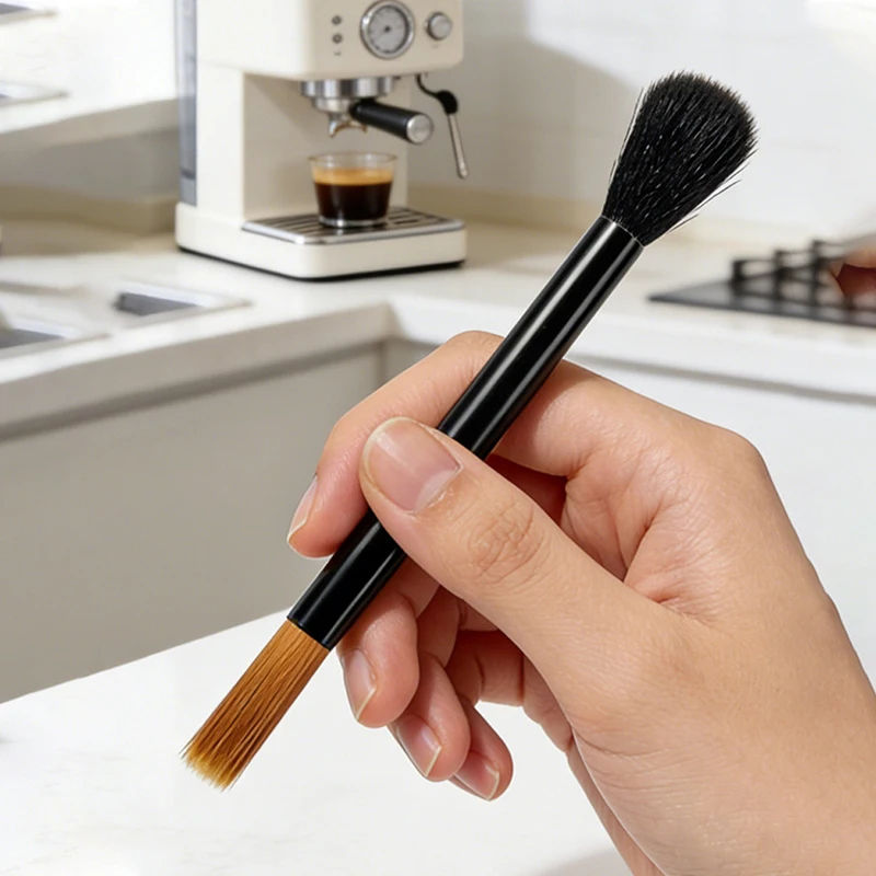 Double Head Coffee Grinder Cleaning Brush Long Handle Soft Bristle Sweeping Tool for Espresso Machine Bar Counter Dust Sweeper
