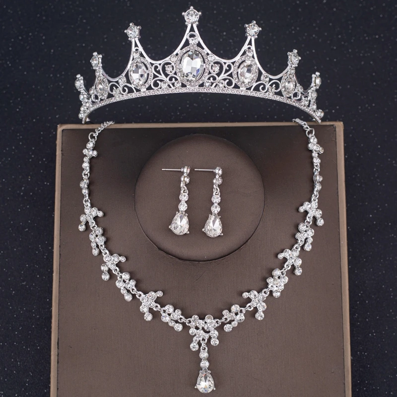 3Pcs Crystal Crown Necklace Earring Set Rhinestone Bridal Jewelry Set Bridal Wedding Hair Accessories Jewelry Crown Tiara Gift