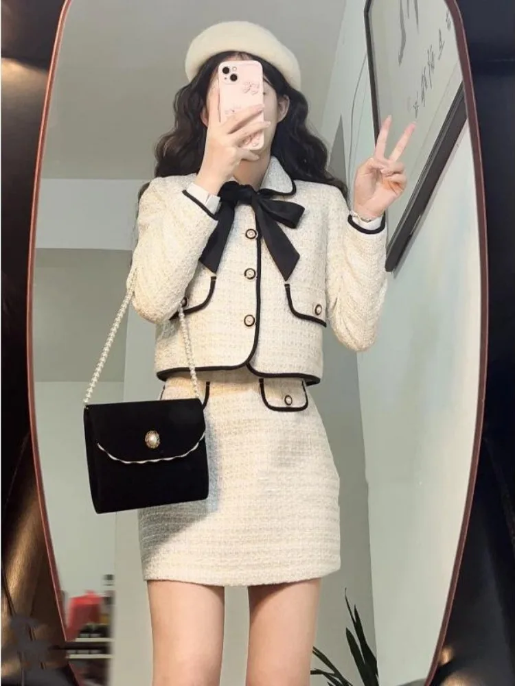 Temperament Outfits Fashion 2 Piece Sets Women Cropped Jackets High Waist button Mini Skirt Suit Korean Elegant Set Y2k Clothes