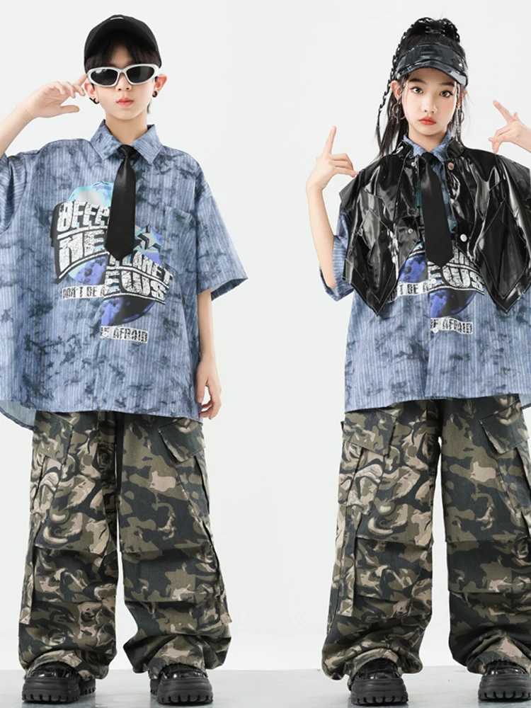 2025 Nowe kostiumy do tańca jazzowego dla dziewczynek Luźne koszule Czarna skórzana kamizelka Spodnie kamuflażowe Garnitur Chłopcy Hip Hop Dance Clothes DQS19512