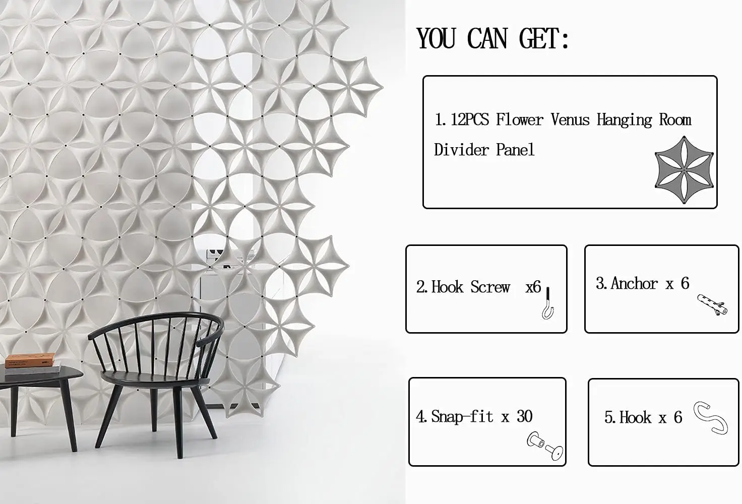White 3D Flower Hanging Room Divider Panel, Felt Fiber Surface, High Density Polyester Board, 14"x12", 12 Pcs Home Decor