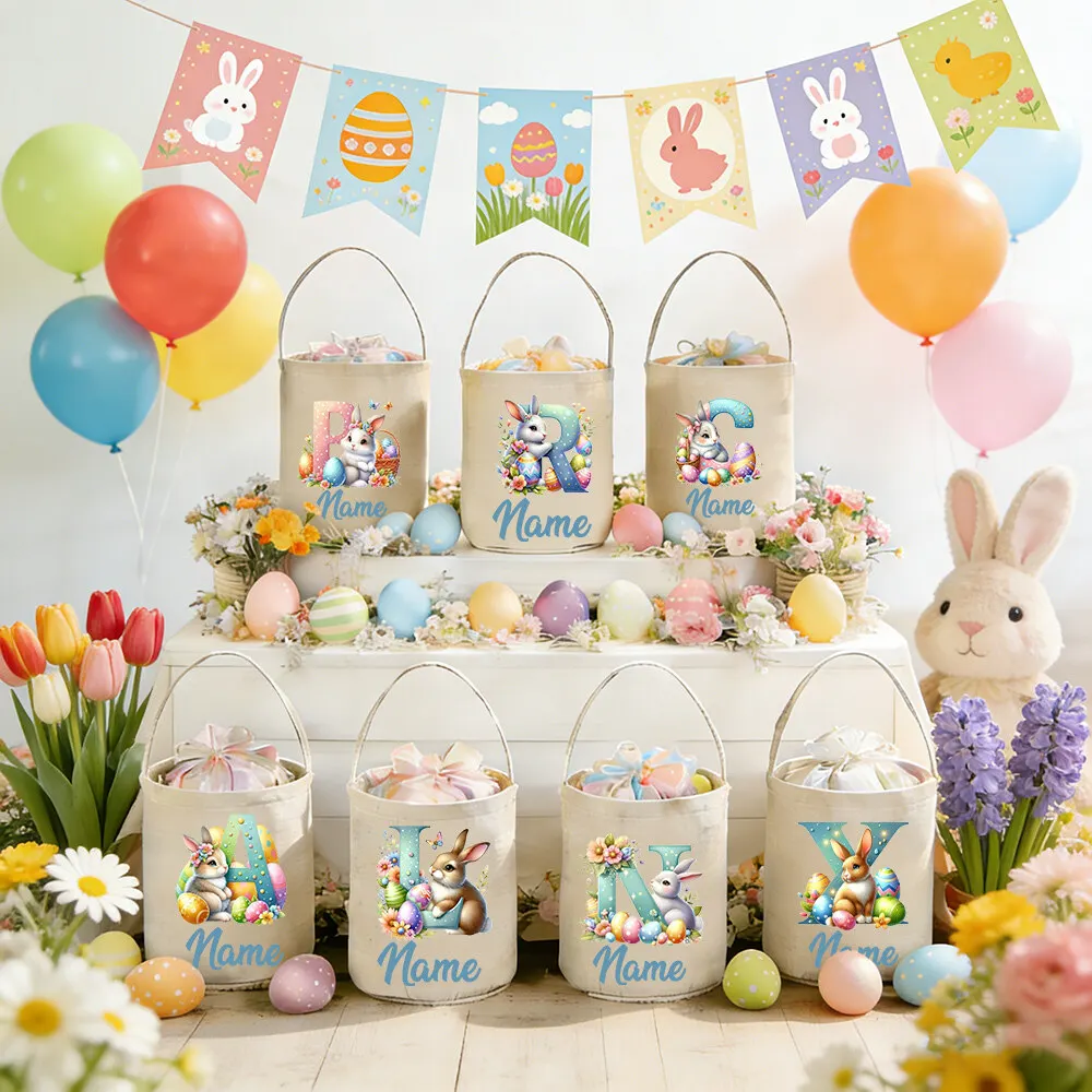 

Personalized Kids Easter Gift Basket Custom Name Easter Egg Hunt Bags Children Bunny Tote Bag Ideal for Easter Celebrations