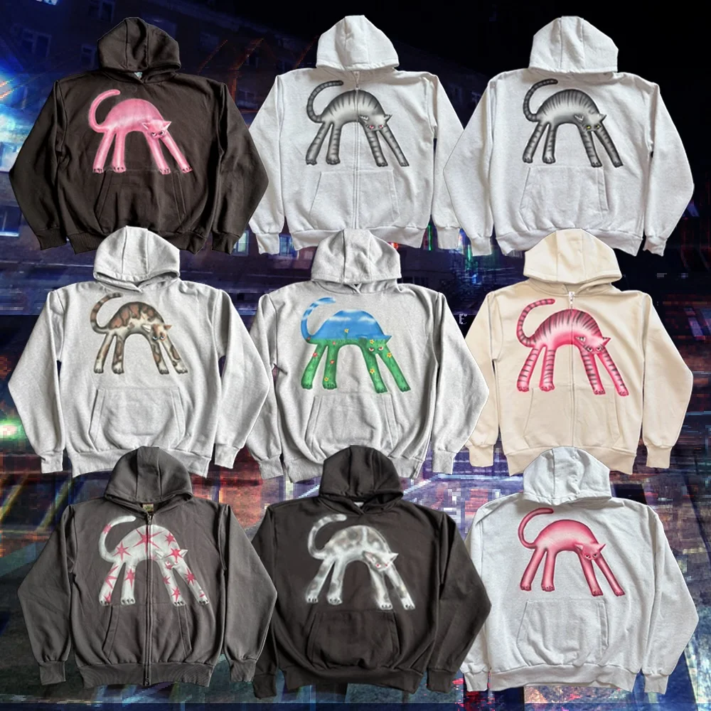 Y2k Trendy Cat Pattern Cardigan Zipper Hoodies Men Grunge Sweatshirt Hip Hop Streetwear Goth Oversized Hoodie Tops Men Clothing