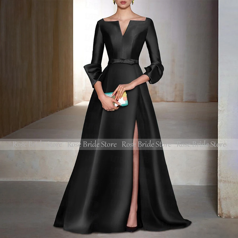Vestidos formales de satén verde esmeralda para mujer, mangas 3/4, vestidos de noche elegantes de línea A, vestido de noche con cinturón y cuello en
