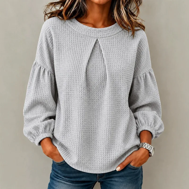 Ladies Casual Waffle Texture Long Sleeve Tops Loose Puff Sleeve Crew Neck Comfortable Daily Wear Blouses For Women Outdoor Home