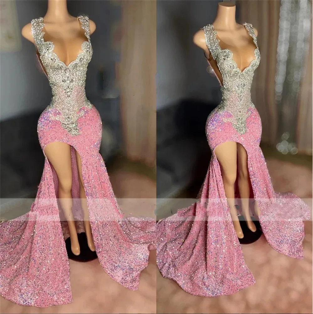 

Pink South African Evening Dress Elegant Mermaid Floor Length Prom Dress 2024 Beaded Formal For Women Split Party dresses