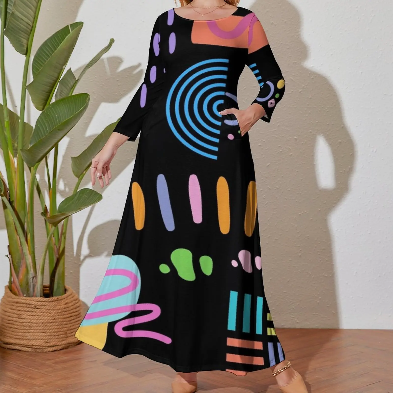 Wavy Colorful Organic and Geometric Fun Assortment of Shapes Long Sleeved Dress Cocktail of dresses