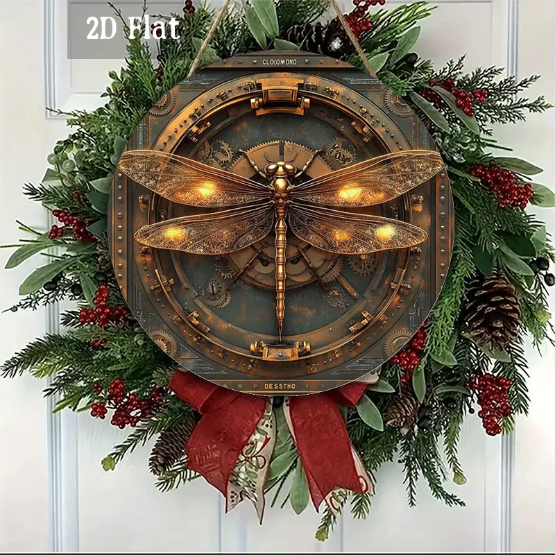 2D Flat, 1pc Steampunk Dragonfly Wall Art - Vintage Mechanical Insect Panel with Finish, Round Frameless Wall-Mounted Decor Suit