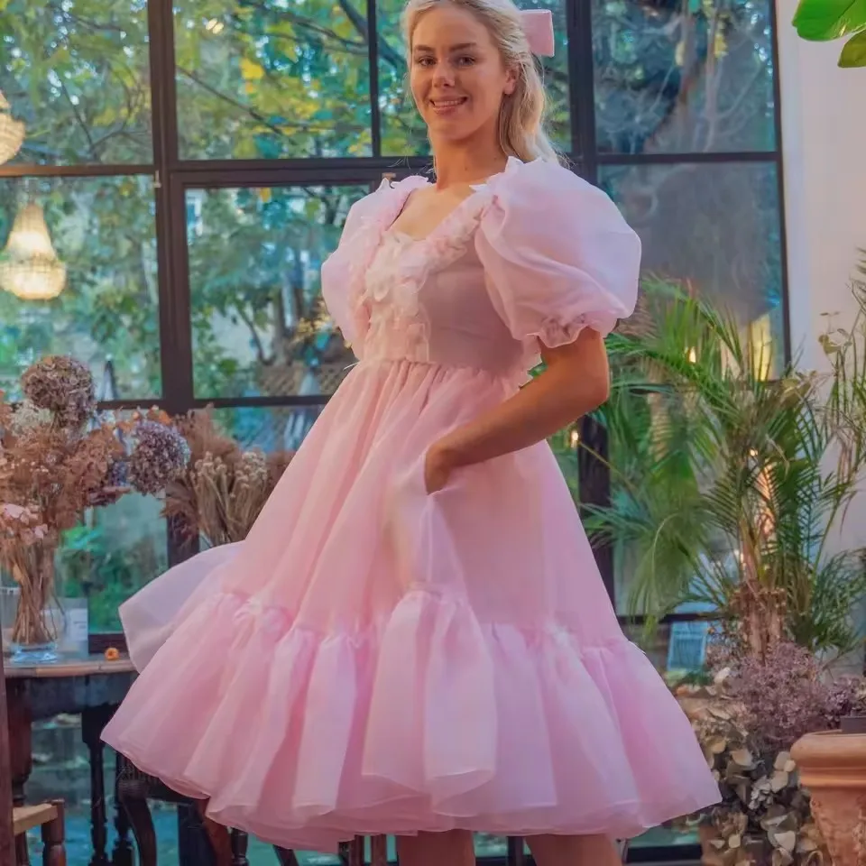 

Fashionable Candy Sweet Blush Pink Organza Mido Women Dresses To Party With Cute Bow Details