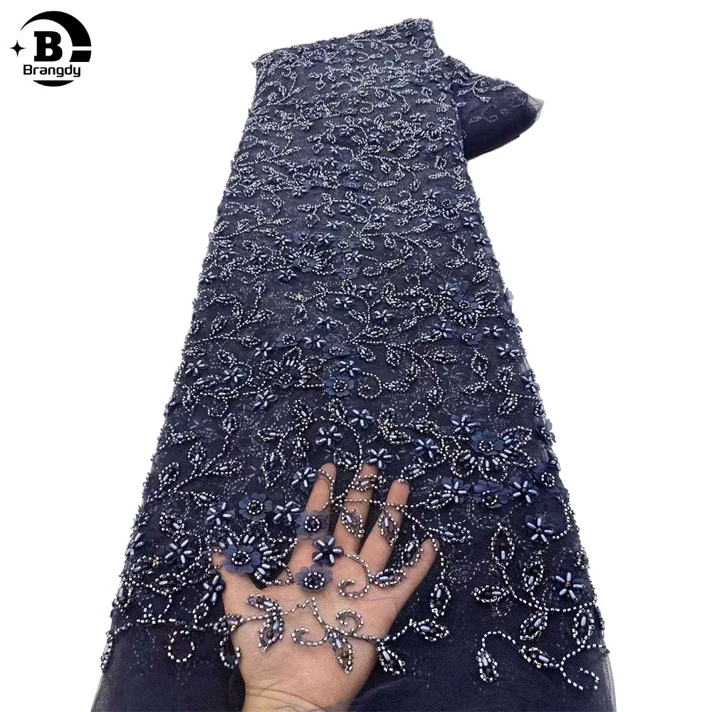 

2024 Luxury Heavy Beaded Lace Fabric Handmade Beads Embroidery Sequins African Lace Material For Wedding Dress Sewing X85026