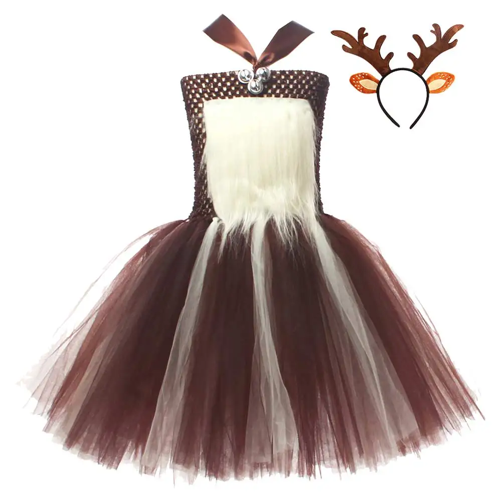 Kids Girls Elk Cosplay Reindeer Tutu Dress Costume Christmas Stage Performance Children Clothing Headband Halloween Party Suit