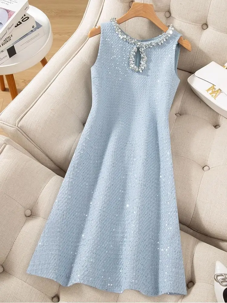 

2025 Women's Tweed Mini Dress O-neck Sleeveless Sequined Elegant Vest Dress Winter Fall Luxury Party Formal Dress Rich Aesthetic