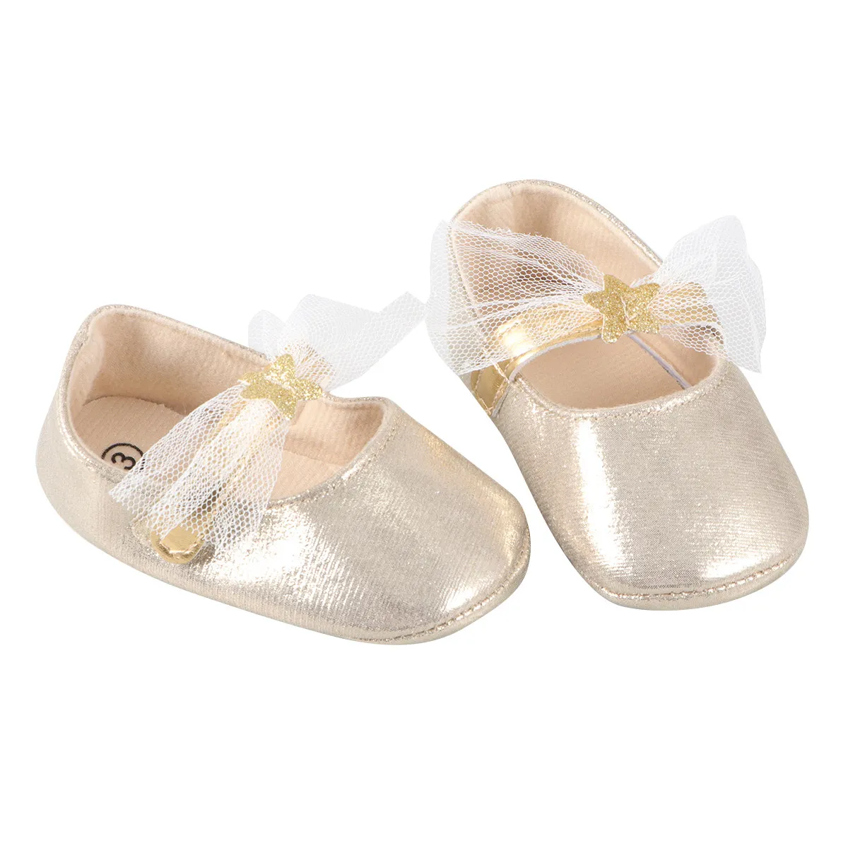 Comfortable Baby Girls Walking Shoes PU Flat Ballet Design with Lace Stars Embellishment Adjustable Ankle Strap for Toddlers
