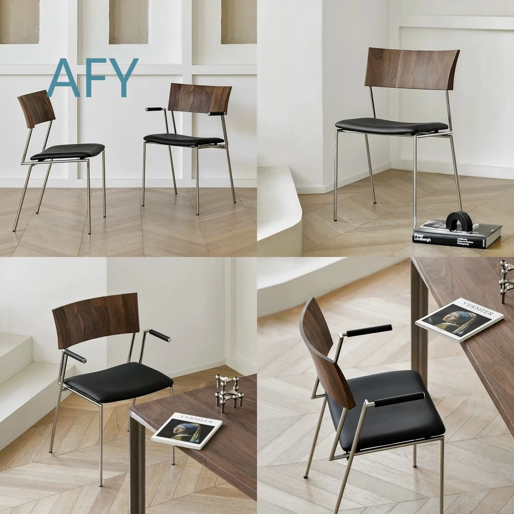 Nordic Retro Luxury Dining Chair for Stainless Steel Frame Genuine Leather Seat with Industrial Style Armrests and Walnut