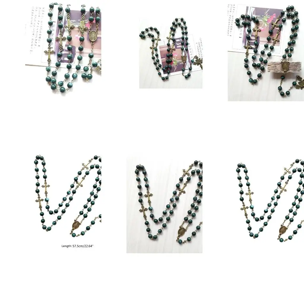 Vintage Religion Rosary Necklace Alloy Jesus for Cross Pendant Necklace Handmade Round Beads Chain Jewelry
