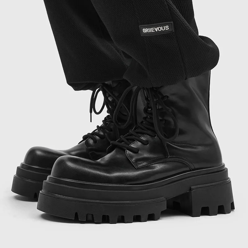 men fashion stage nightclub high motorcycle boots original leather shoes cowboy platform boot designer cool chunky ankle botas