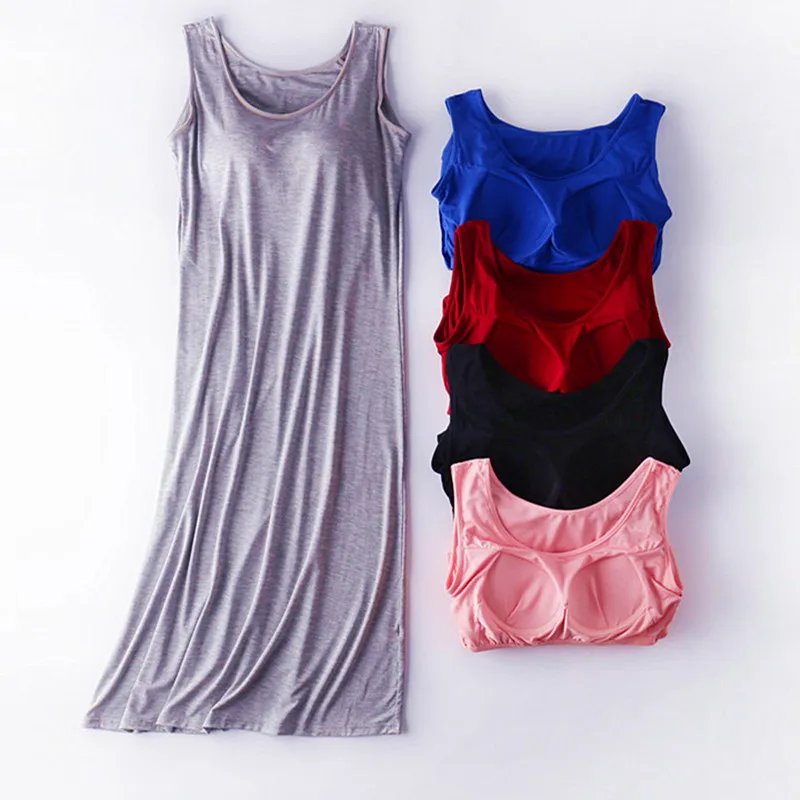 M-4XL Casual Large Size Modal Cotton Sleepwear Dress Round Neck Vest Nightdress Women Summer Nightgowns Bra Pad Ladies Lingerie