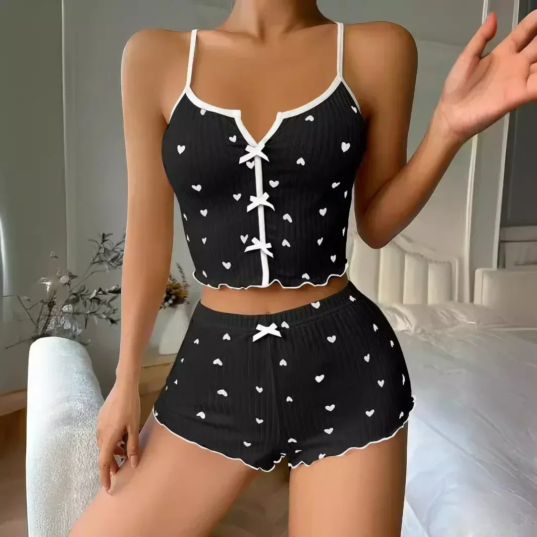 

Women Cute Pajama Set Heart Print Lettuce Trim Bow Front Cami Top and Shorts Pj Set Soft Sleepwear Lingerie Set Micro Bikini