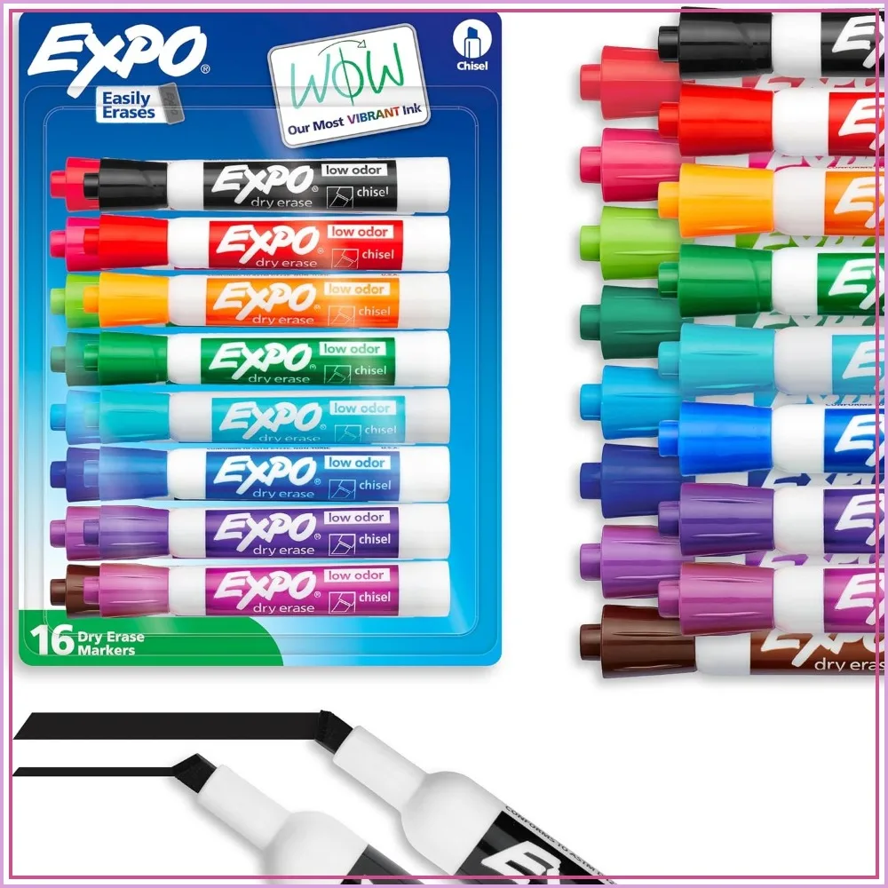 16 Vibrant Dry Erase Markers, Low Odor, Chisel Tip, Assorted Colors for Whiteboards & Glass
