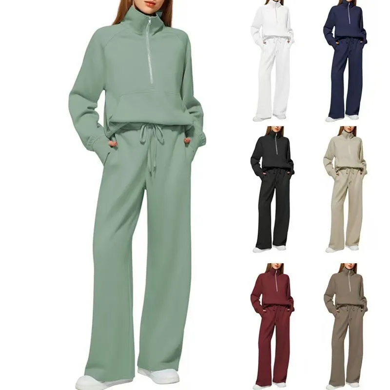 Casual Zipper Top with Full Length Pants Long Sleeve T Shirt Top Elegant Commuter Set Patchwork Autumn Winter Women Sets