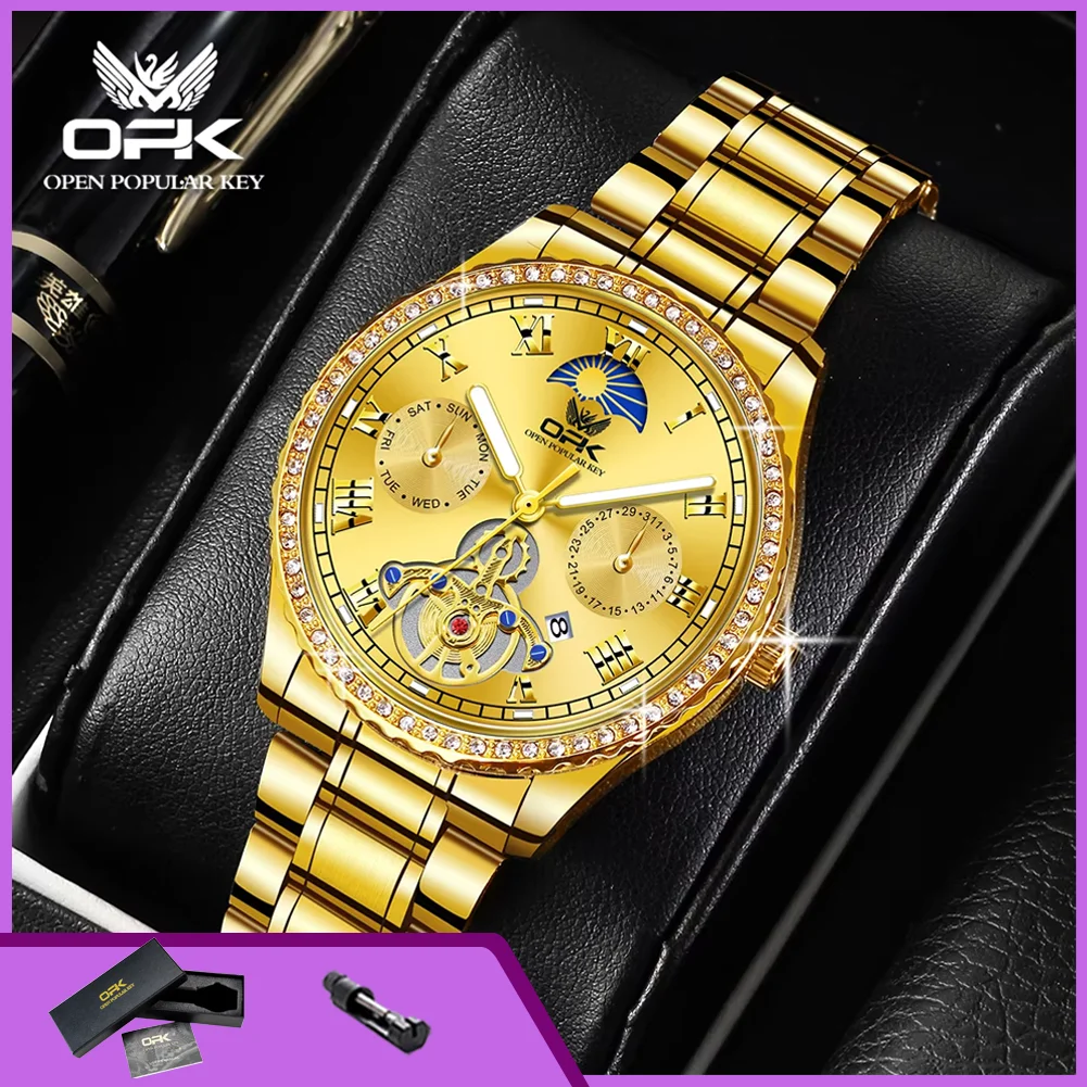 OPK 8147 Herrenuhren Luxus-Diamantlünette Klassische Business-Herrenuhr Original Wasserdichte Quarz-Armbanduhren