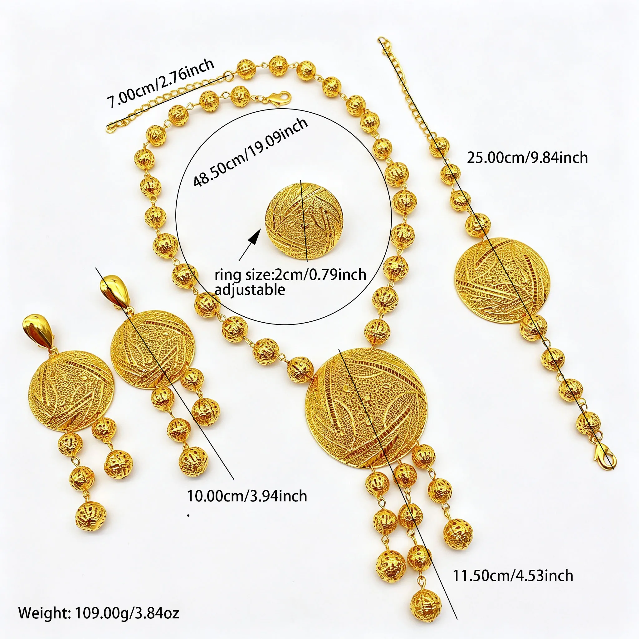 Dubai Lange Halskette Ohrringe Schmucksets für Damen Perlen-Design 24K Vergoldete Hochzeitsarmbänder Indische Ringe Brautgeschenk – Detail 7