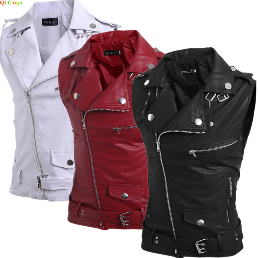 

Black Lapel Sleeveless Vests Jacket Men's Slant Zipper Switch Vest Hem Belt Adjustable Size White/Wine Red Waistcoat M-XXXL