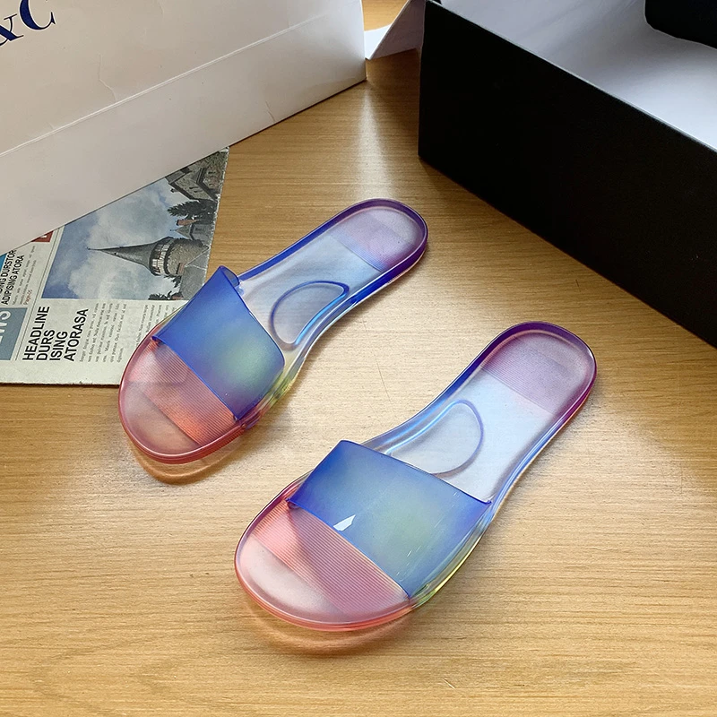 Summer New Large Size Plastic Women\'s Shoes Flat Solid Color Fashion Round Toe Open Toe Comfortable Sandals and Slippers Women