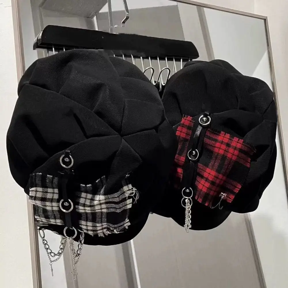 Dunkelkarierte Harajuku-Baskenmütze Spice Cross Freizeitkleidung Damen- und Herren-Baskenmützen Streetwear-Accessoires Coole Newsboy-Kappe – Detail 2