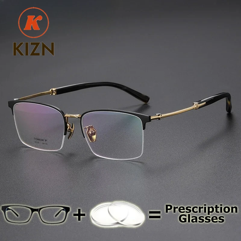 

KIZN Men Prescription Glasses Pure Titanium OX Horn Frame Top Quality Eyewear Recipe for Vision Wide Field Progressive Glasses