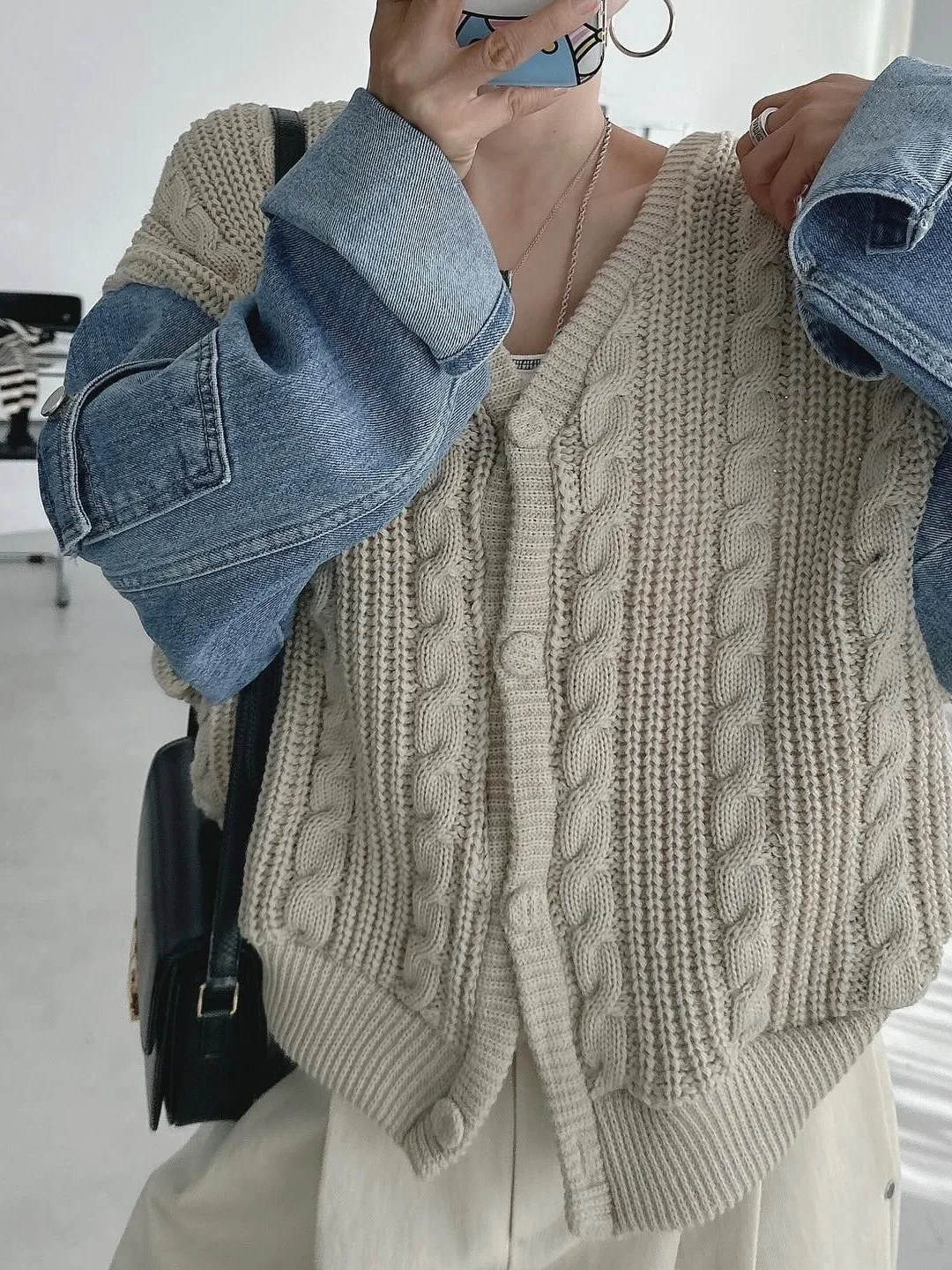 

Chic Winter Vintage Lazy Sle V-Ne Loose Versatile Color Blo Denim Twist Sweater Jaet Women's Faion Casual Outerwear