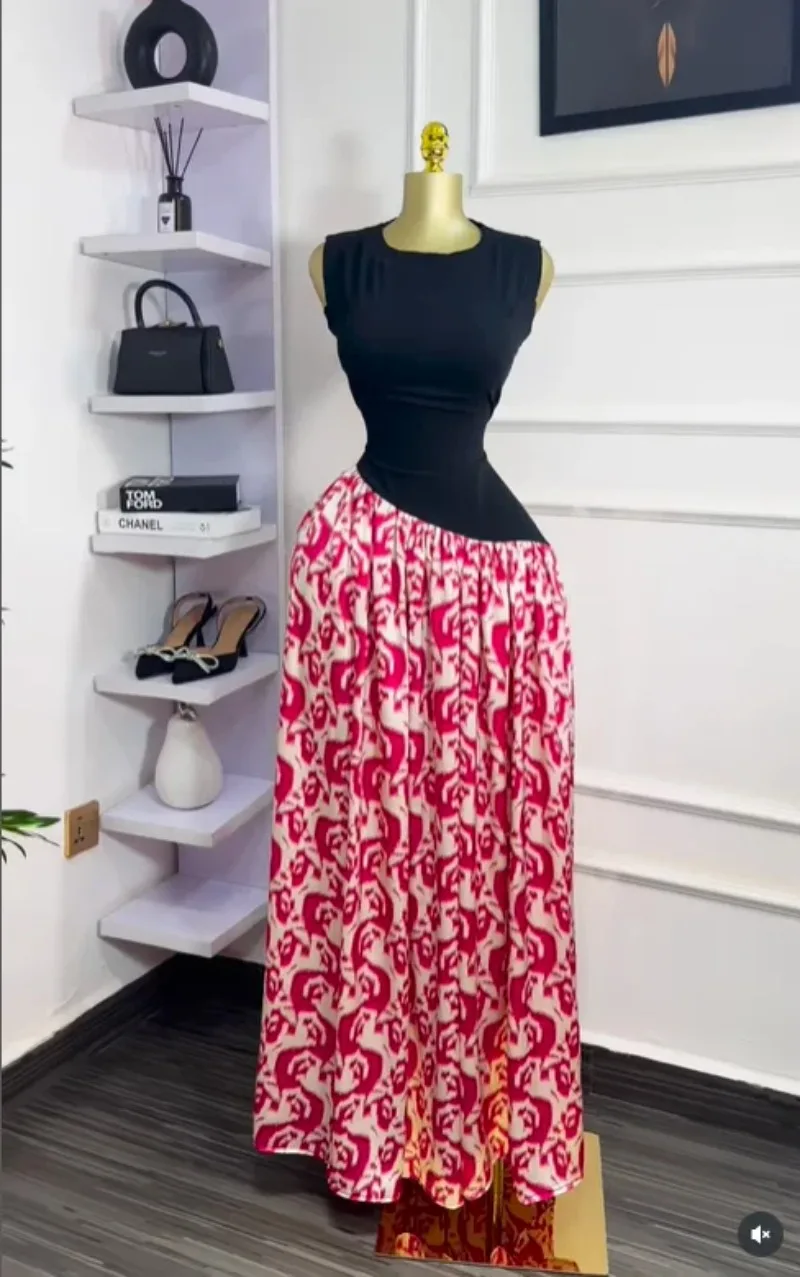 

Women Sleeveless with Sashes Printed Patchwork Tank Long Maxi Dress 2025 Birthday Evening Sexy Party Dresses Vestidos