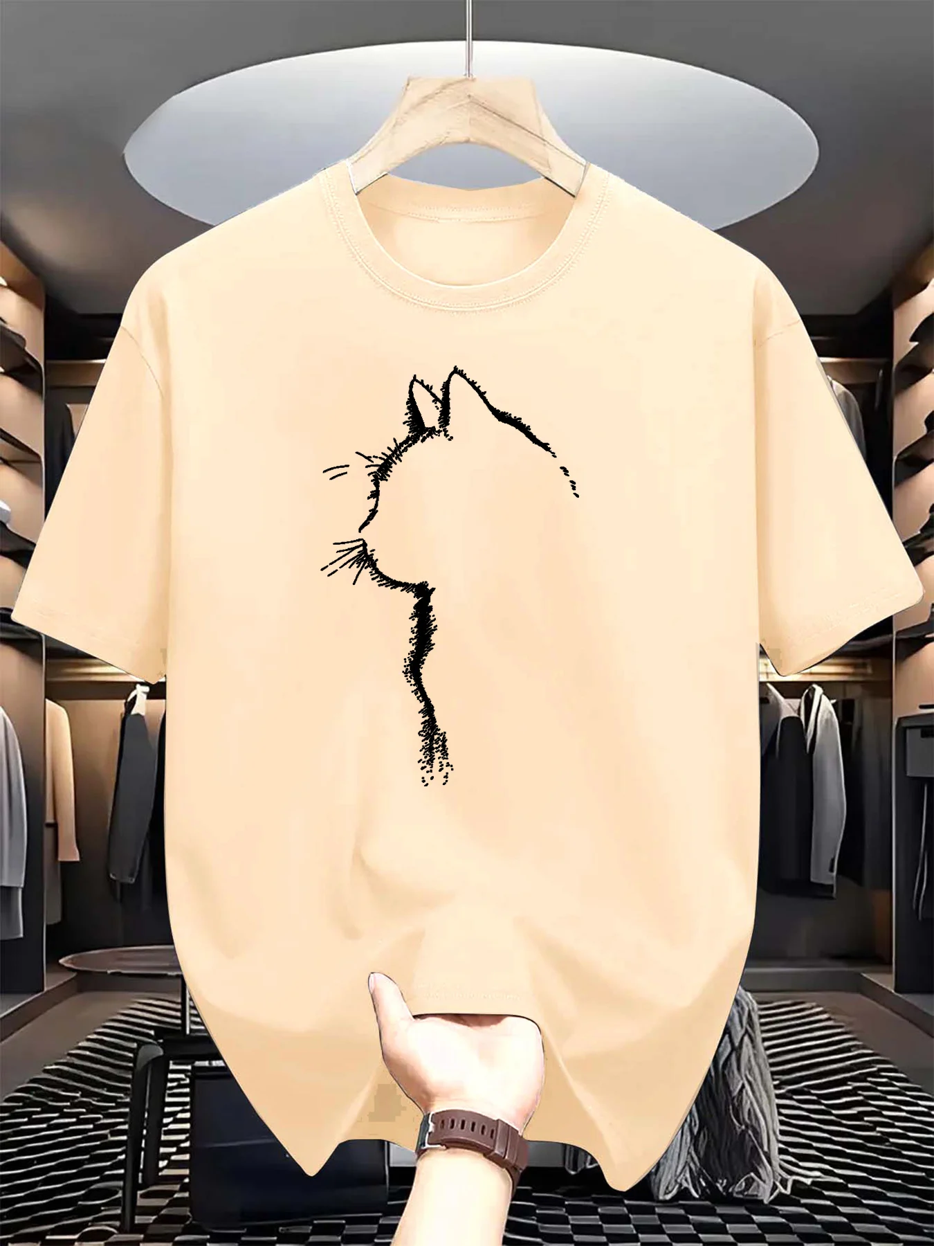 Summer men's 100% pure cotton casual sports loose cat pattern printed comfortable round neck short sleeved T-shirt top image 5