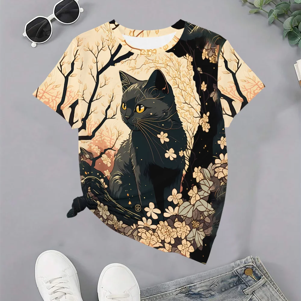 

Женские свободные топы с принтом черного кота, большие размеры 1XL-5XL, женские повседневные футболки с v-образным вырезом и короткими рукавами и карманами, весна и лето, новый стиль