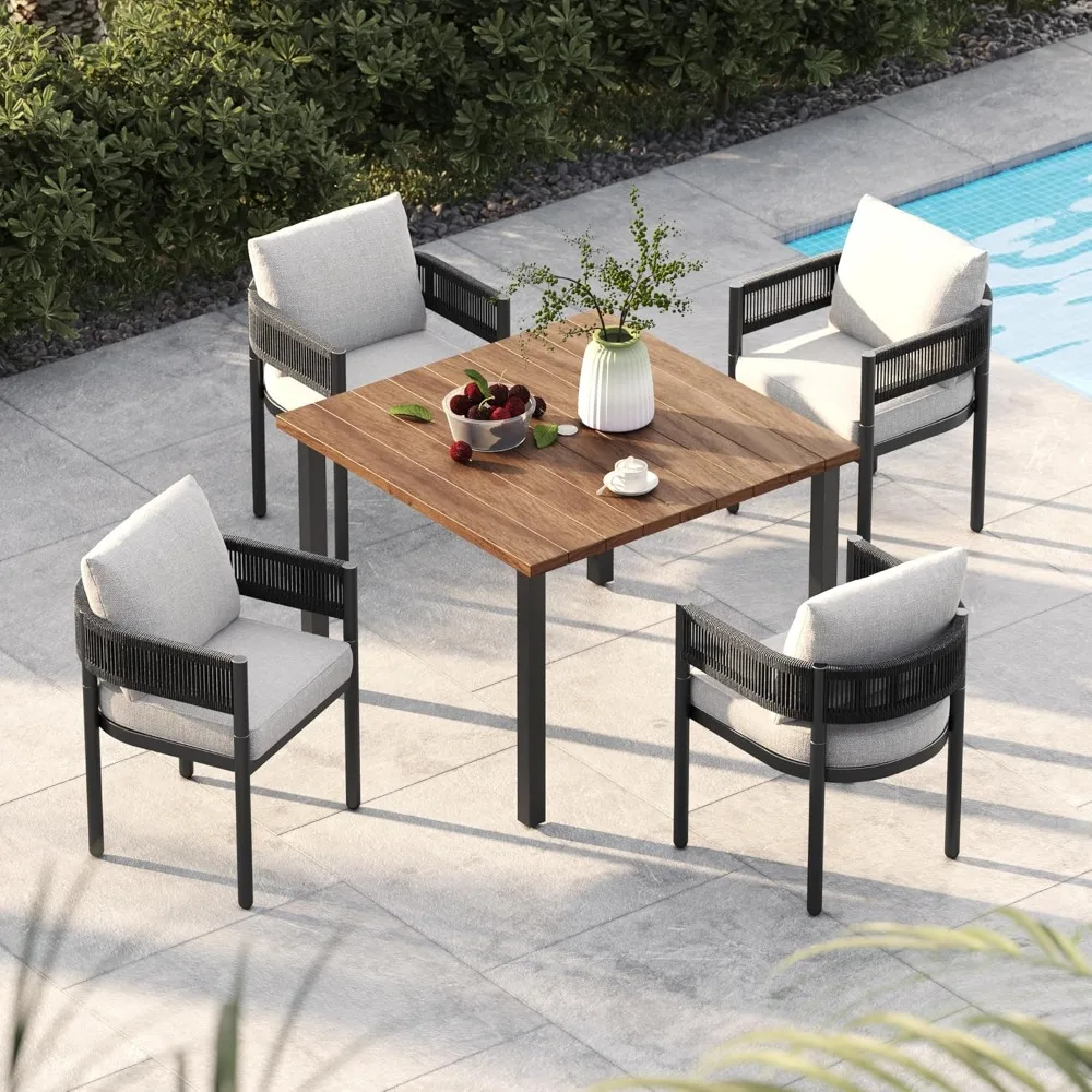 

Outdoor Dining Set, 5 Pcs Metal Woven Wicker Fixed Patio Chairs with Thickened Cushions & 1 Square Woodgrain Dining Table