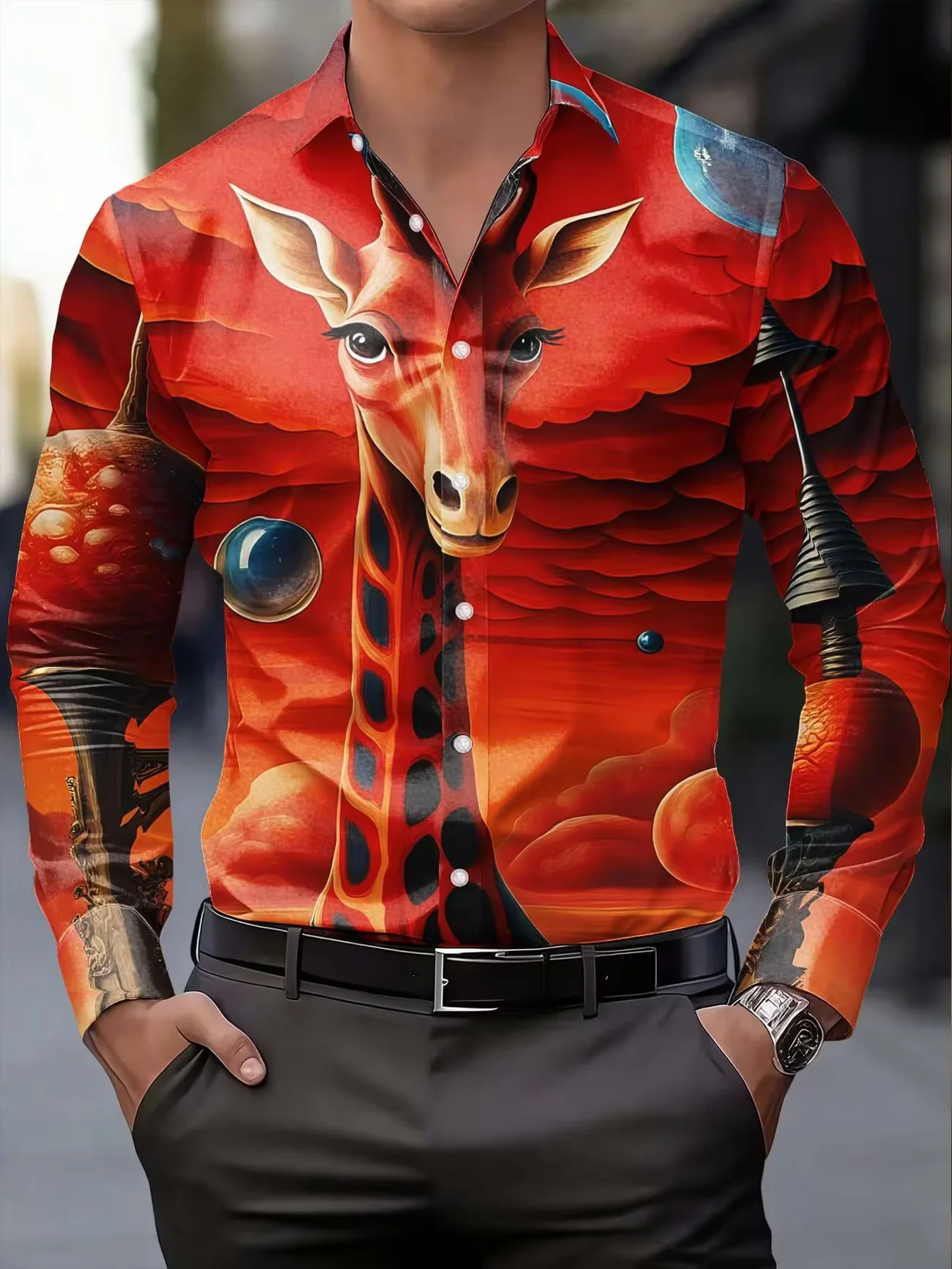 

New Red Background Surrealing Giraffe Art Printed Men's Long Sleeve Shirt, Personalized Trendy Slimming Casual Shirt