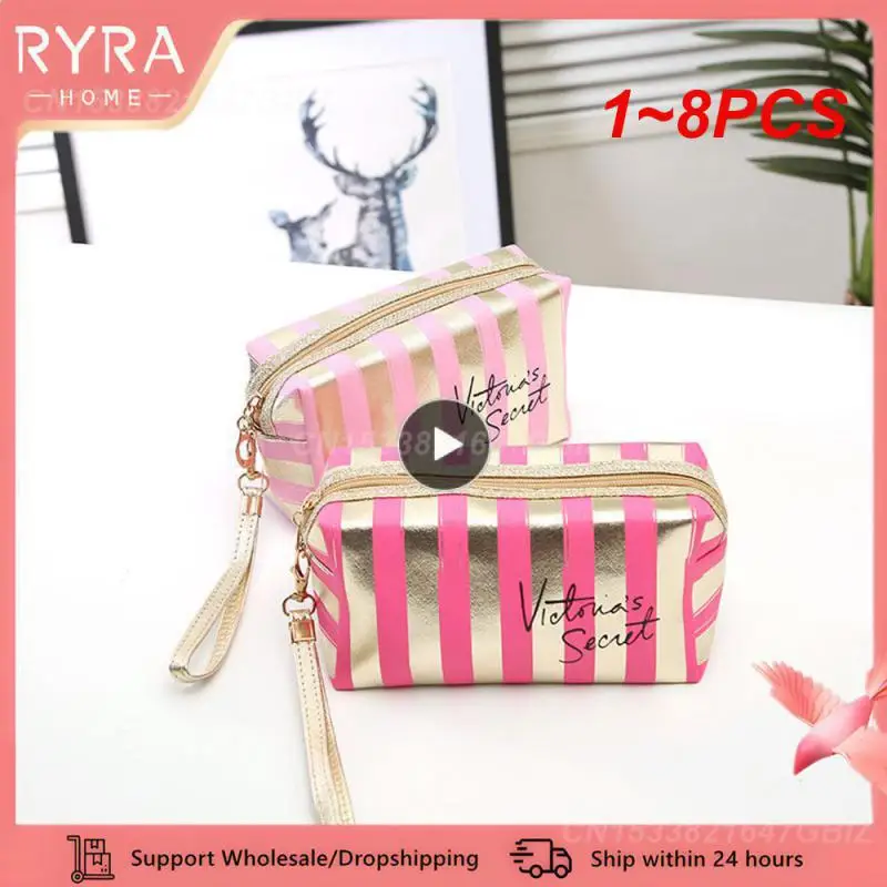 1~8PCS Phnom Penh Stripe Cosmetic Bag PU Leather Anise Storage Bag Lady Clutch Bag Portable Toiletry Bag