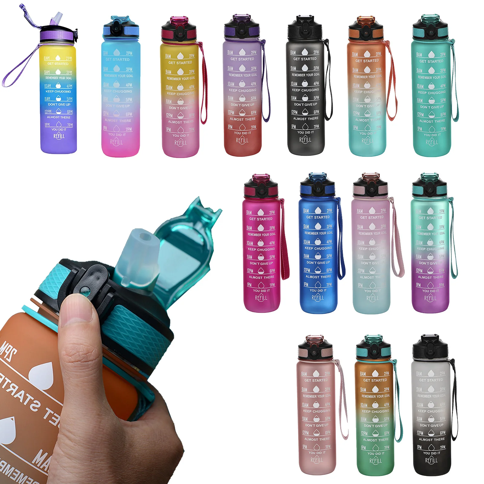 

1 Liter Sports Water Bottle Plastic Frosted Water Cup With Time Marker Motivational Outdoor Fitness Gym Water Drink Straw Bottle