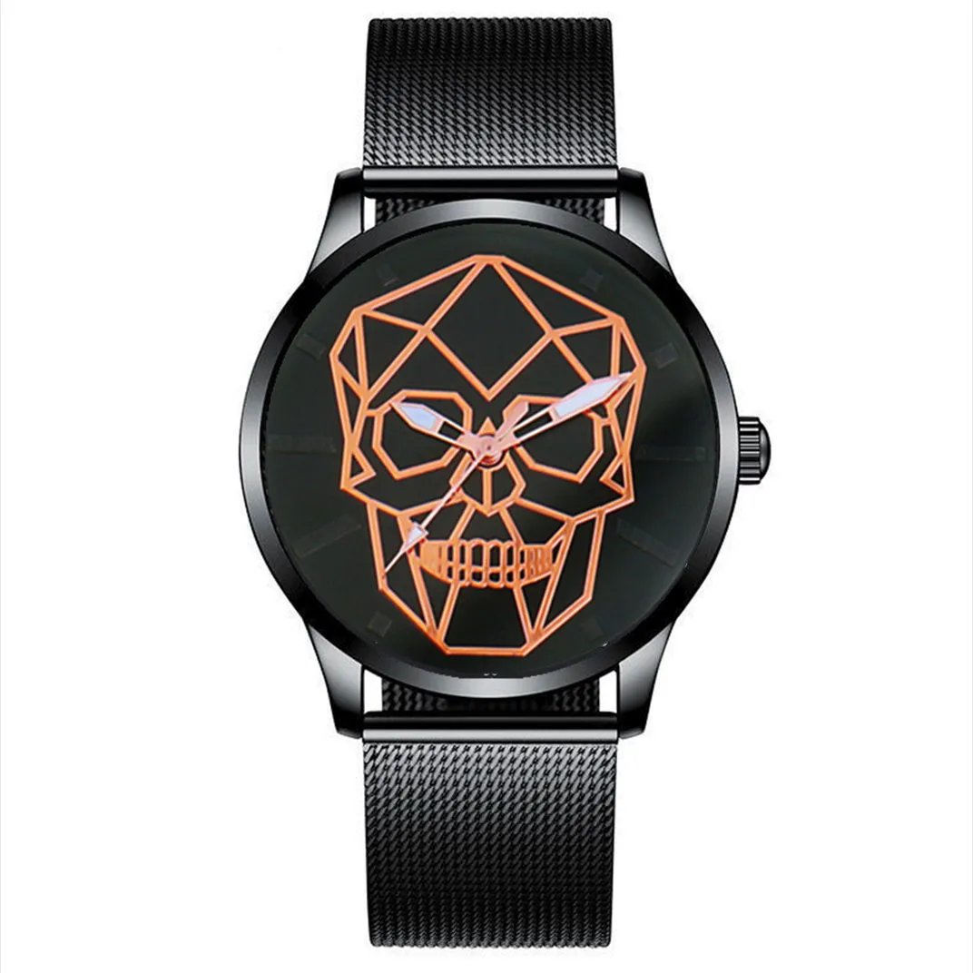 

2024 Men Stainless Steel Mesh Watch Fashion Casual Skull Pattern Quartz Watch Analog Male Military Wristwatch Relogio Masculino