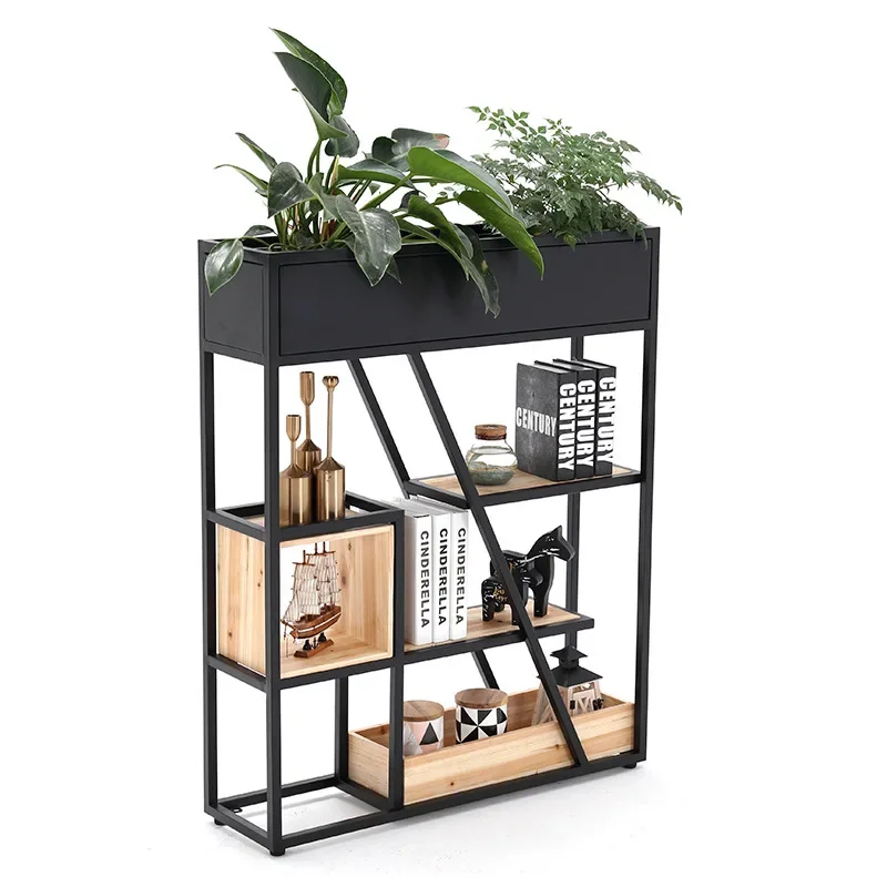 Wrought iron partition shelves, office industrial style, café, restaurant entrance, screen, floor-to-ceiling, green plants