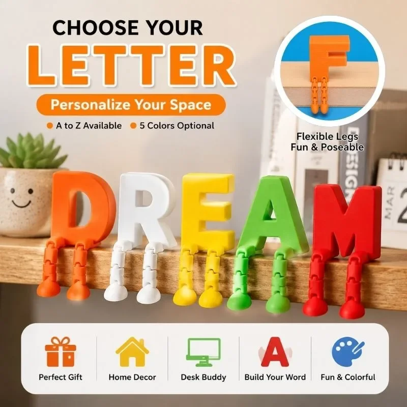 Articulated Alphabet Letter Decor, Flexible Leg Shelf Sitter A-Z Initial Desk Ornament, Cute 3D Printed Gift  5 Colors