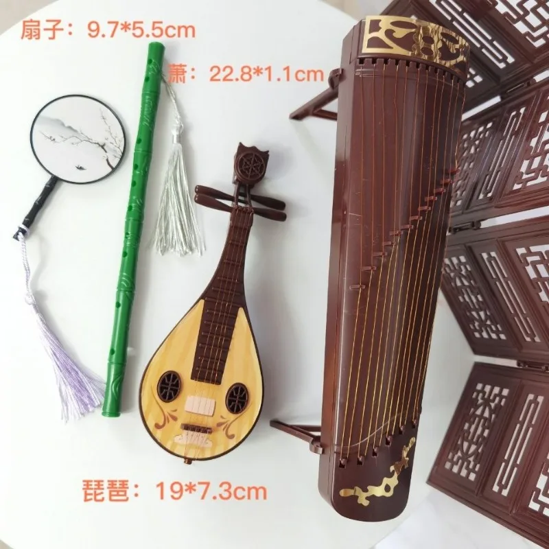 Tela clássica Fan Xiao Guzheng Brinquedos Instrumento Musical, Antique Boneca Acessórios, Estilo chinês Ornamentos Props